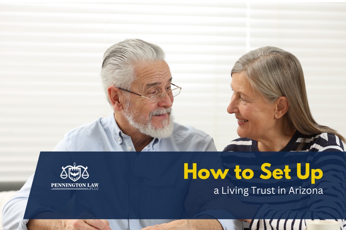 An elderly couple reviewing a document together, discussing their living trust options.